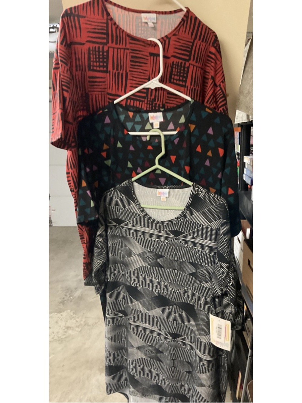 Lot of 3 LuLaRoe IRMA Mixed Pattern Tunic Trio - Red, Black Multi, Gray XXS NWTs